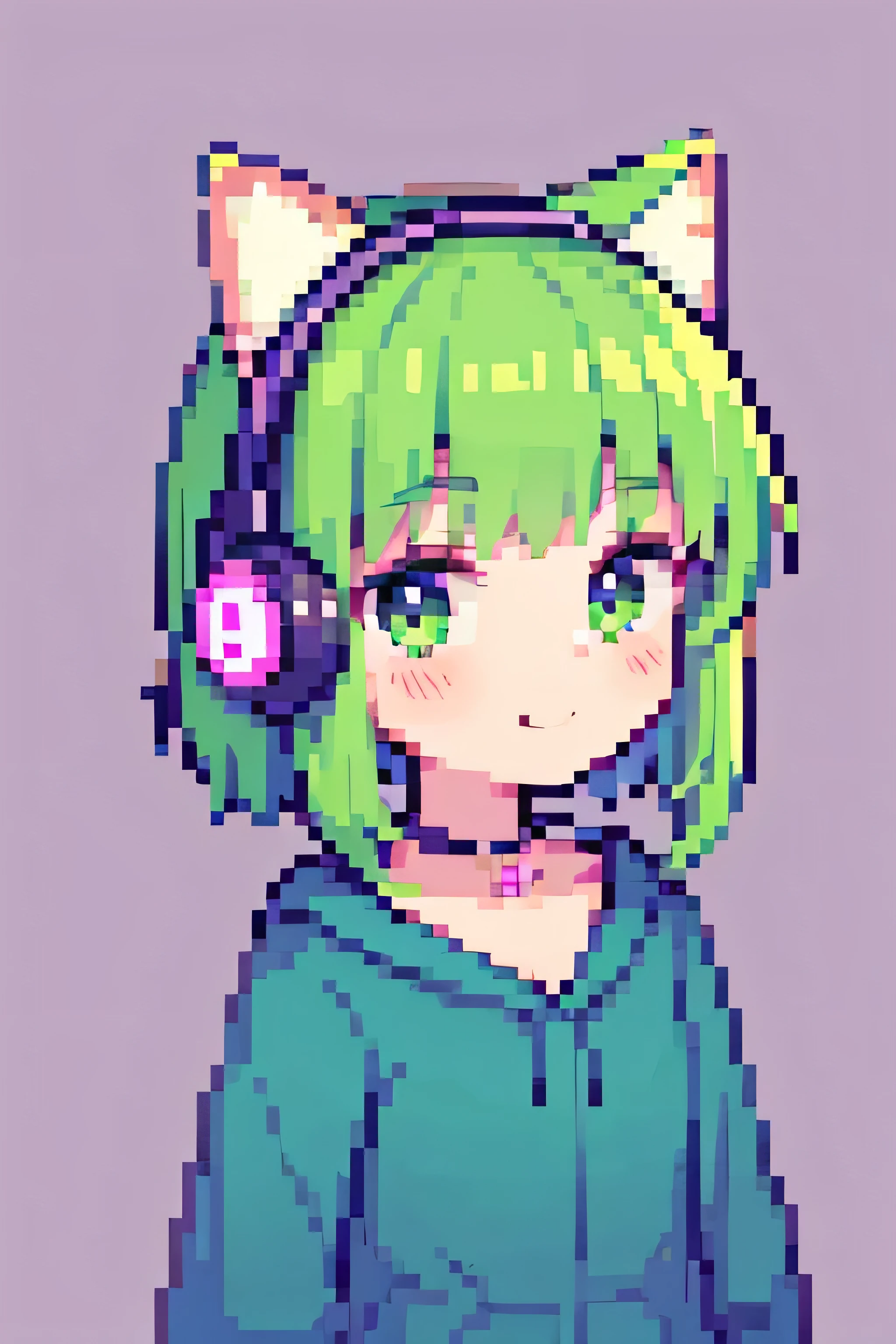 Pixel art, 1girl, cute, portrait, bust up, light smile, Bob with green short hair, cat ears wearing headphones, chibi, whole body
