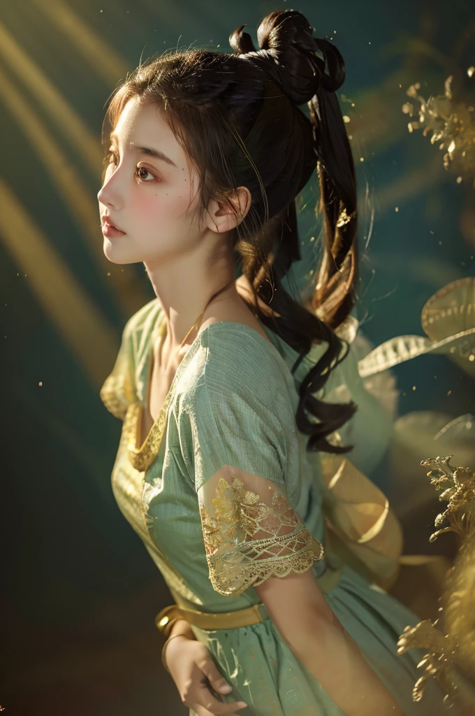 ( masterpiece, top quality, best quality,8k,17 years old girl,ultra detailed,raw photo:1.5),(photorealistic:1.4),(cinematic lighting), PerfectNwsjMajic, , Surrealism, UHD, ccurate, Super detail, textured skin, High detail, Best quality, dynamic angle, (high nose,White skin),[Beautiful blue eyes],(1girl),(good anatomy:0.5)), dunhuang_style, Dreamy atmosphere,expressive brush strokes, mystical ambiance, Artistic interpretation, a whimsical illustration, Subtle colors and tones, straight face, sideburns