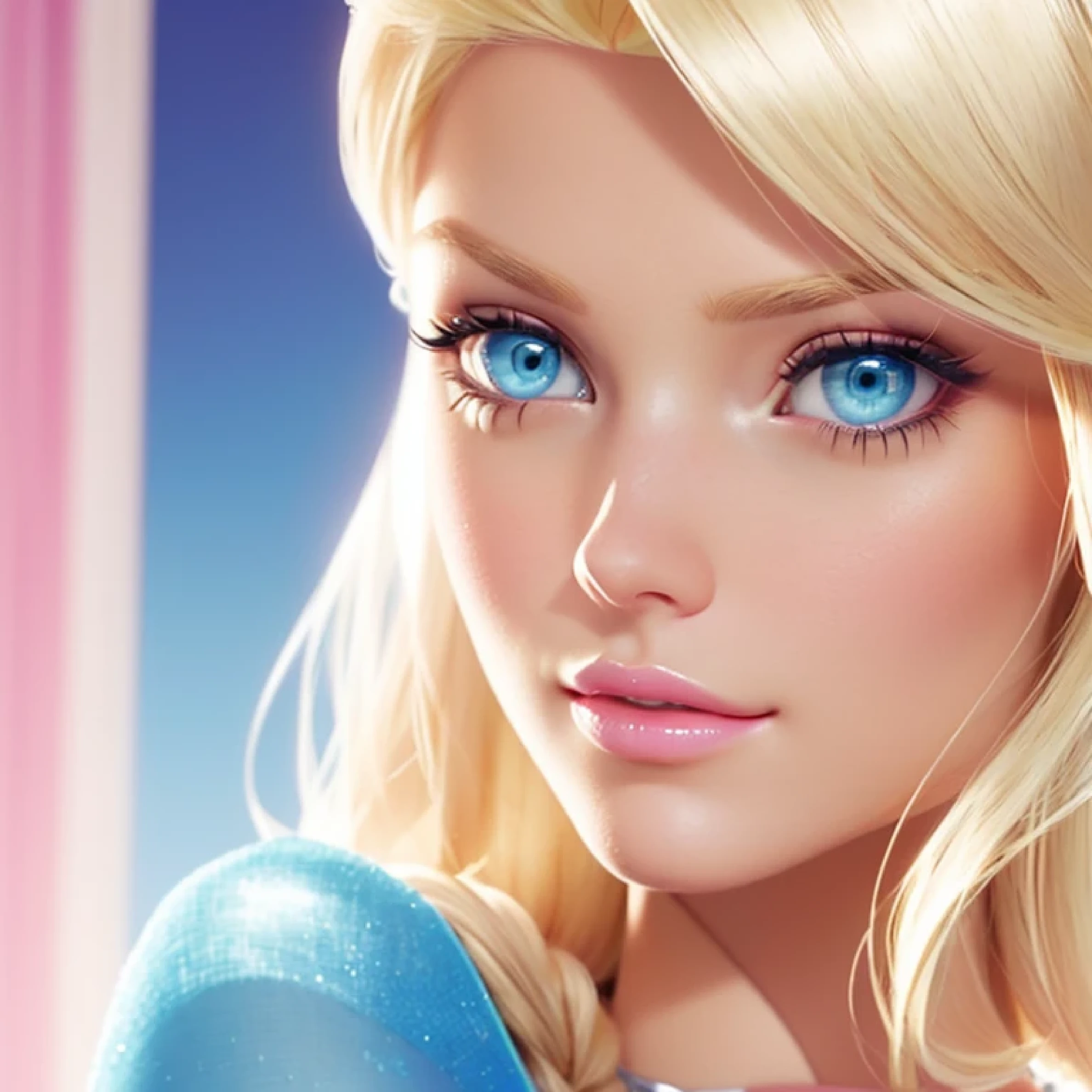 Barbie doll with blonde hair and blue eyes and pink eyes, she has blond hair, Elsa, Olivia, Barbie, She had an indifferent expression, But she looked serious, Gwen Stacy, Anna, beautiful Elsa, Avatar pictures, Leaked images, Blonde Princess, Klee, Barbie or ken doll, Quinn, Tone, Inspired by Emma Ríos