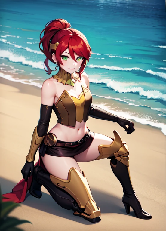 ((best quality)), ((highly detailed)), absurdres, (detailed eyes, deep eyes), (1girl), full body, pyrrha nikos, rwby, red hair, ponytail, green eyes, medium breasts, smiling, circlet, bustier, midriff, navel, crop top, bare shoulders, skirt, elbow gloves, bracers, armored boots, holding shield, (outside, in the ocean, noon)