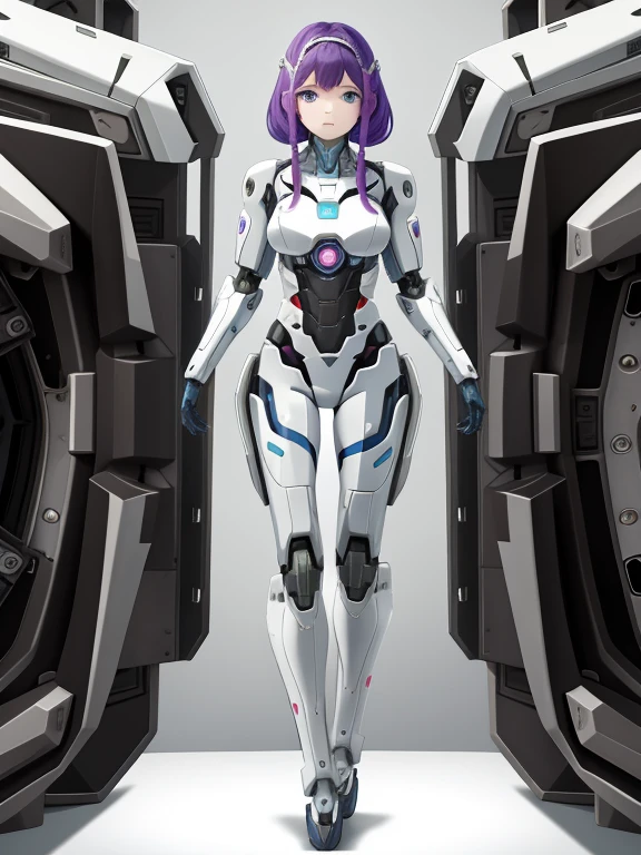 Jinguuji Marimo , (((highres official art))) , (((muv-luv alternative))) , (((fortified_suit))) , (((1girl))) , brown hair , brown eyes , long hair , hair intakes , standing, simple background, white background