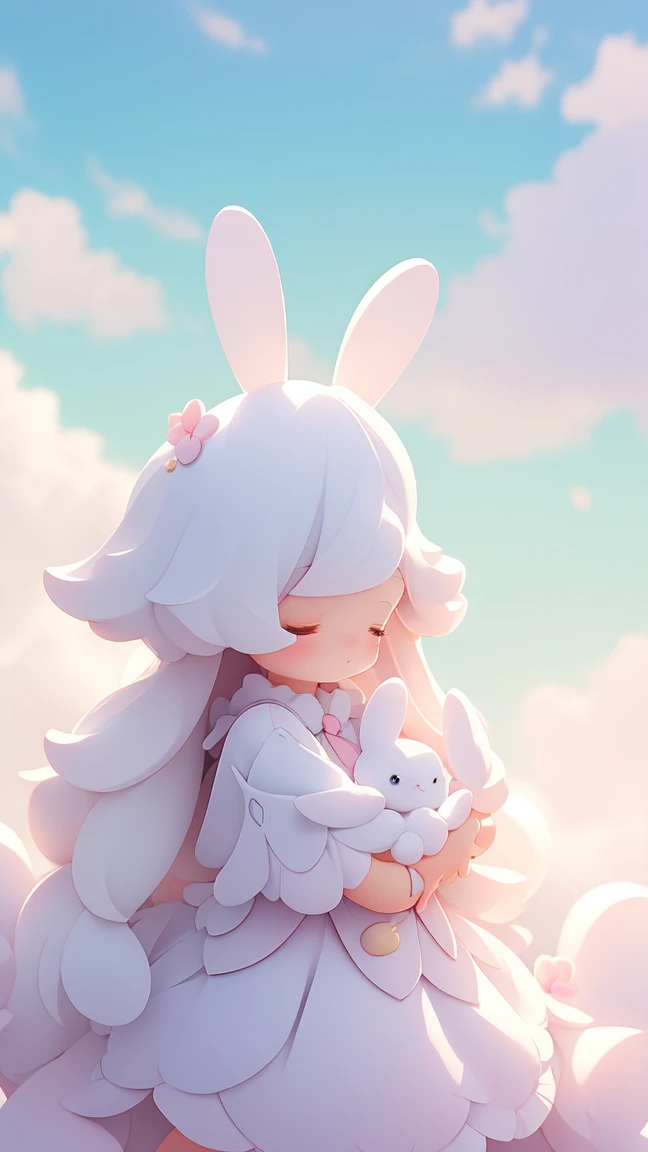 Bunny Morphing Girl, fluffy, soft ((highest quality)), ( Extremely detailed, Best details, Official Art, Beauty and aesthetics: 1.2), Depth of written border, composition, whole body, (a bit), (Beautiful and detailed: 1.3), (wonderful:1), Colorful clouds blurred background