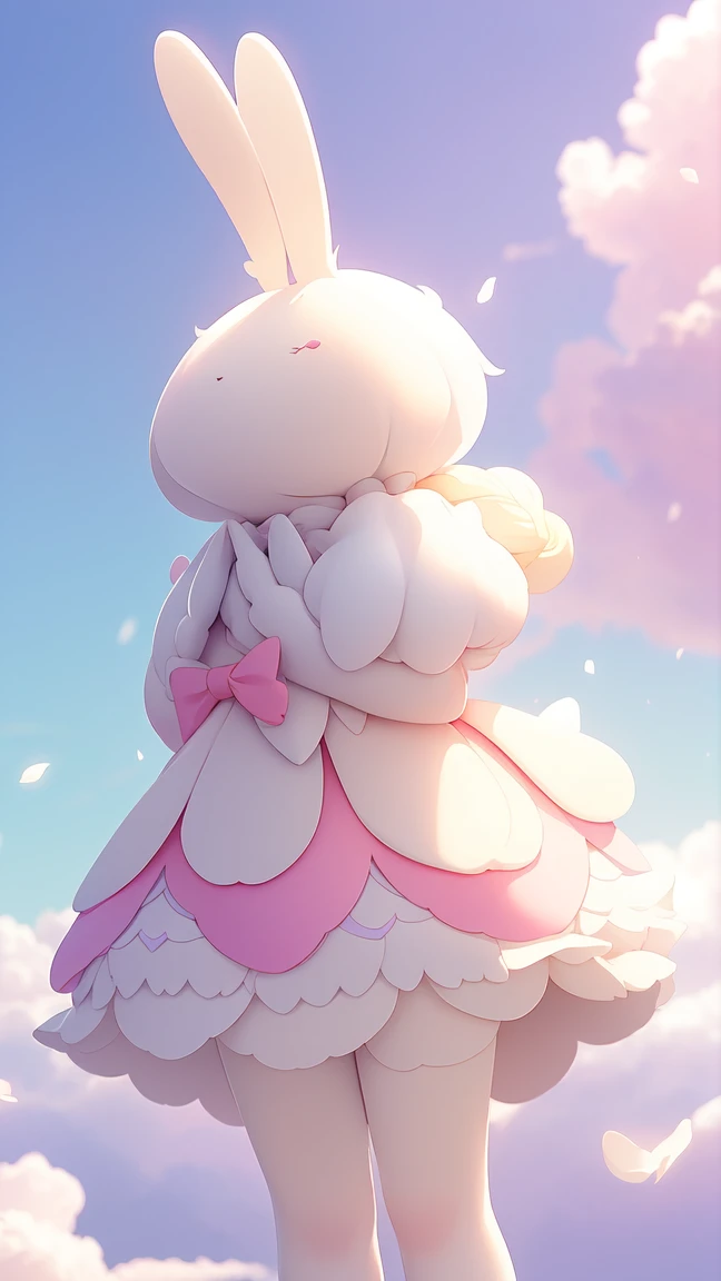 Bunny Morphing Girl, fluffy, soft ((highest quality)), ( Extremely detailed, Best details, Official Art, Beauty and aesthetics: 1.2), Depth of written border, composition, whole body, (a bit), (Beautiful and detailed: 1.3), (wonderful:1), Colorful clouds blurred background