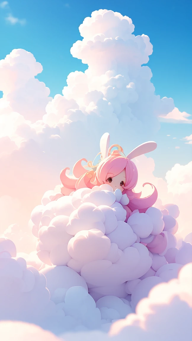 Bunny Morphing Girl, fluffy, soft ((highest quality)), ( Extremely detailed, Best details, Official Art, Beauty and aesthetics: 1.2), Depth of written border, composition, whole body, (a bit), (Beautiful and detailed: 1.3), (wonderful:1), Colorful clouds blurred background