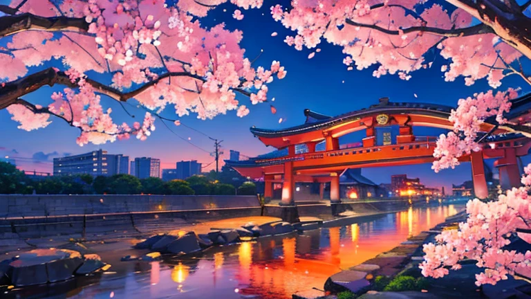 Anime images of Japan、 Tokyo cityscape、 night view、 cherry blossoms、 Size is 16:9 please