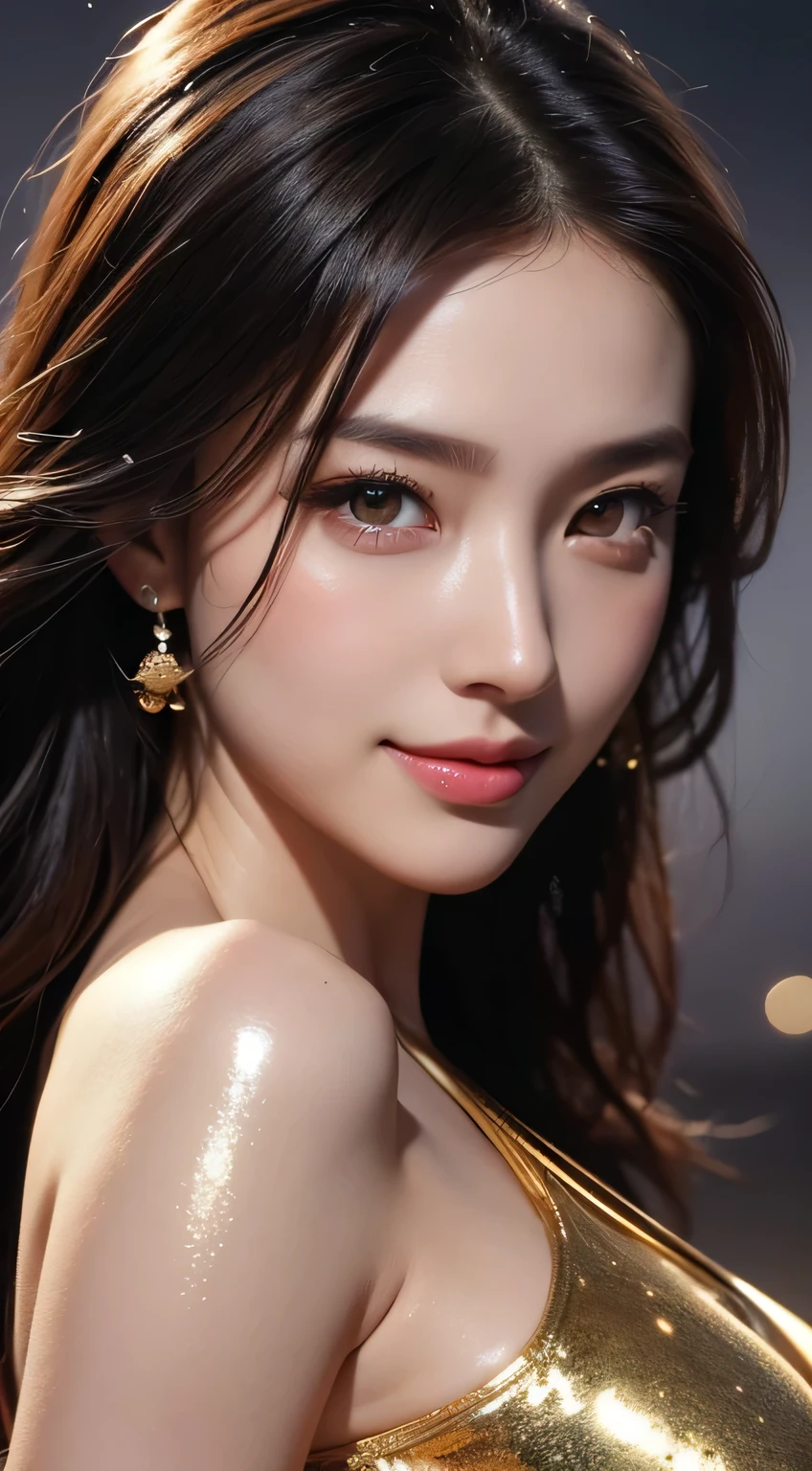 Kimono beauty, body portrait, 8k, thin and beautiful eyes, Dindal effect, masterpiece, top quality, high quality, high resolution, very detailed photo, (natural skin texture, fine skin, hyper realism, super sharpness) , high detail skin, (very fine, fine skin texture, intricate details, beautiful face, (real-like face), realistic eyes, beautifully detailed eyes, realistic skin, beautiful skin, surreal, Highly detailed, golden ratio, smiling eyes, ((night moonlight background)), body portrait, G cup, big breasts, huge breasts, big breasts, glamorous, shiny bodysuit