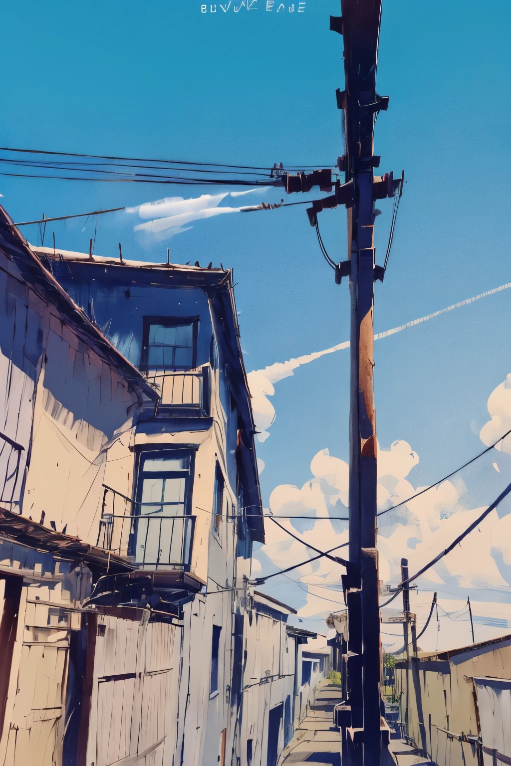 PP,outdoors,sky,clothesline,power lines,blue sky,no humans,scenery,border,laundry,day,english text,utility pole,building,white border,contrail, 