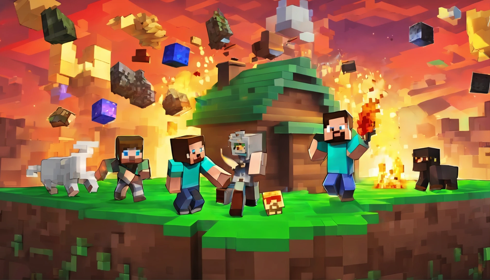 Minecraft Steve with dynamite in hand blows up the house and base from behind. Background explosion and house