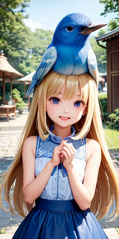 highest quality、masterpiece、Blonde、Aimee、Blue clothes、Respect、Upper body、Fair skin、Long-haired、Laughter、Cute clothes、courtyard、blue bird (Are you okay、Clear images、Super Resolution、Very surprising details、Amazing details)