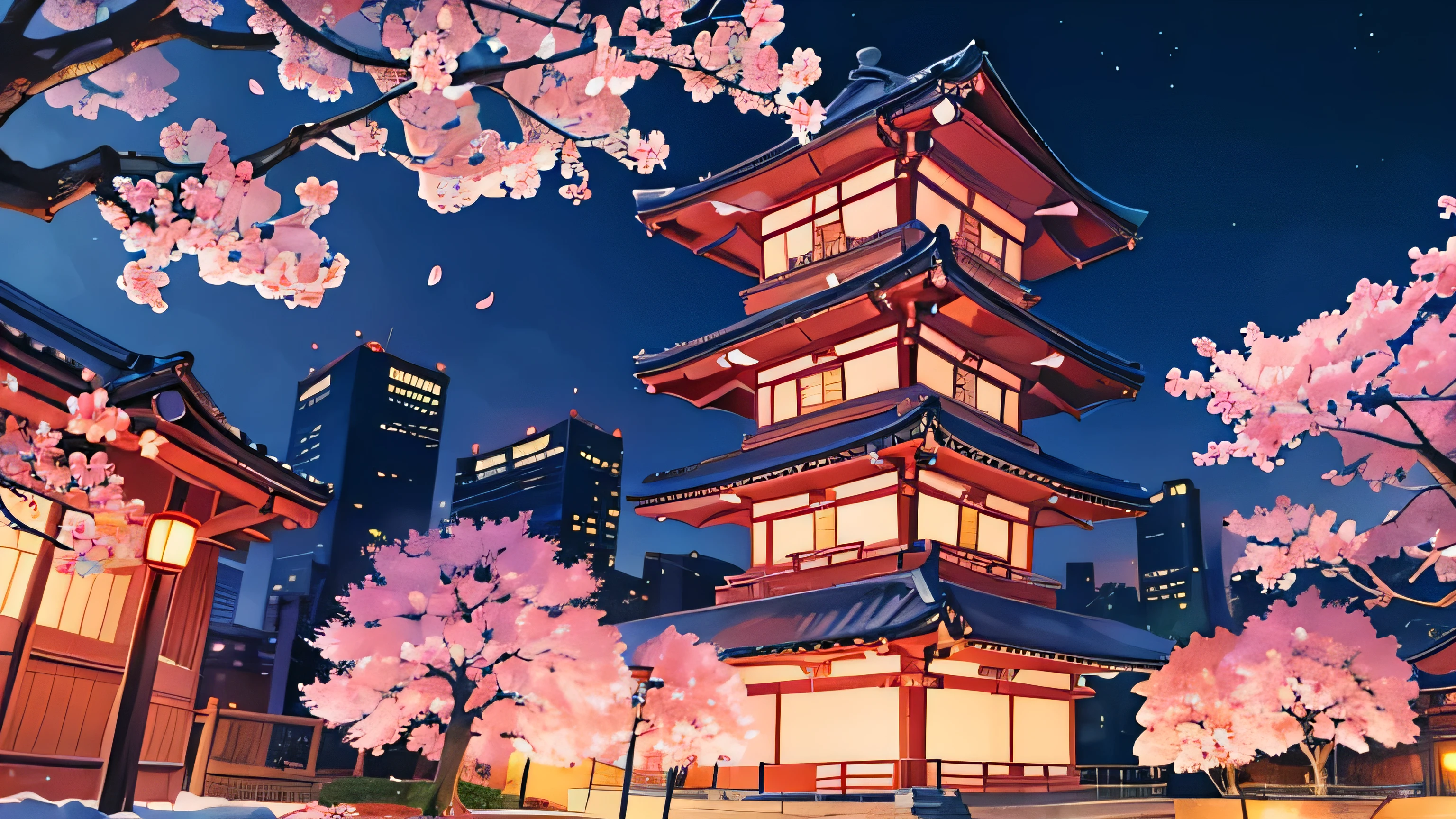 Anime images of Japan、 Tokyo cityscape、 night view、 cherry blossoms、 Size is 16:9 please