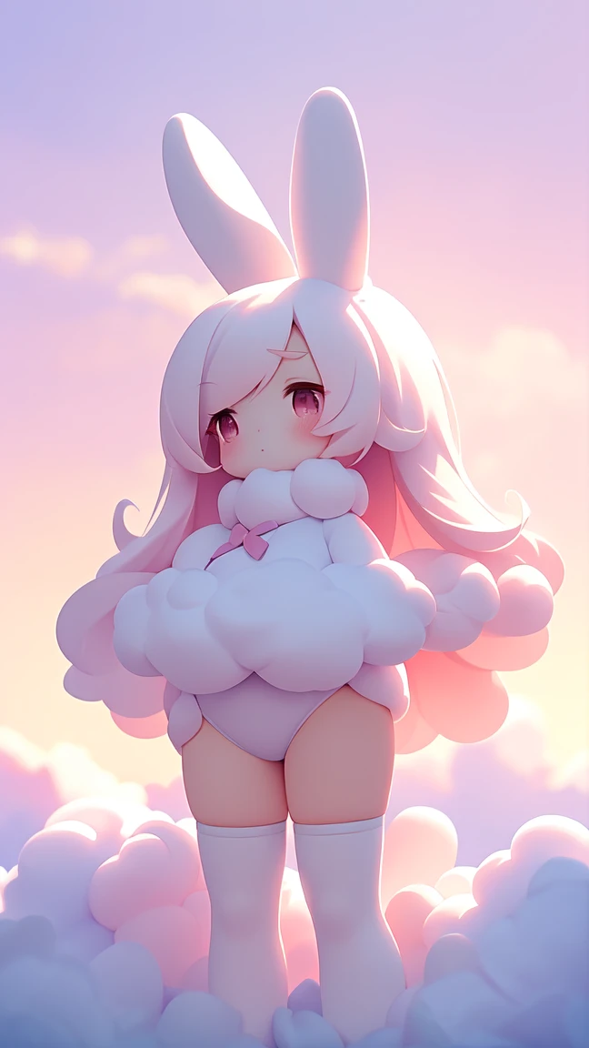 Bunny Morphing Girl, fluffy, soft ((highest quality)), ( Extremely detailed, Best details, Official Art, Beauty and aesthetics: 1.2), Depth of written border, composition, whole body, (a bit), (Beautiful and detailed: 1.3), (wonderful:1), Colorful clouds blurred background,1girl,