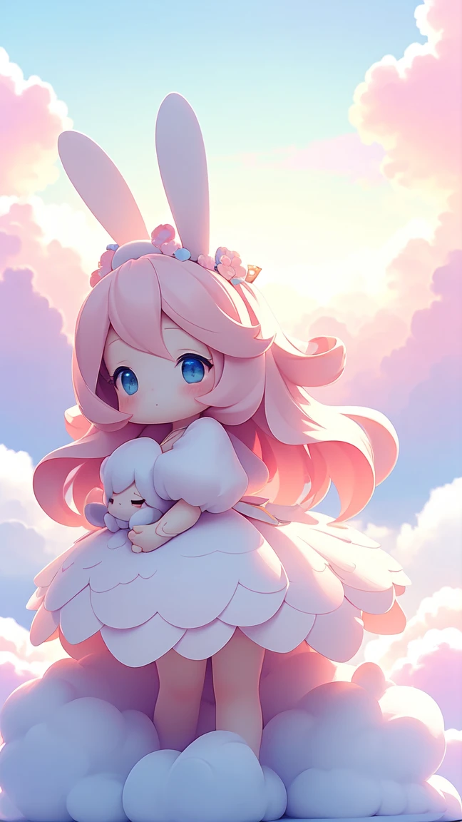 Bunny Morphing Girl, fluffy, soft ((highest quality)), ( Extremely detailed, Best details, Official Art, Beauty and aesthetics: 1.2), Depth of written border, composition, whole body, (a bit), (Beautiful and detailed: 1.3), (wonderful:1), Colorful clouds blurred background,1girl,
