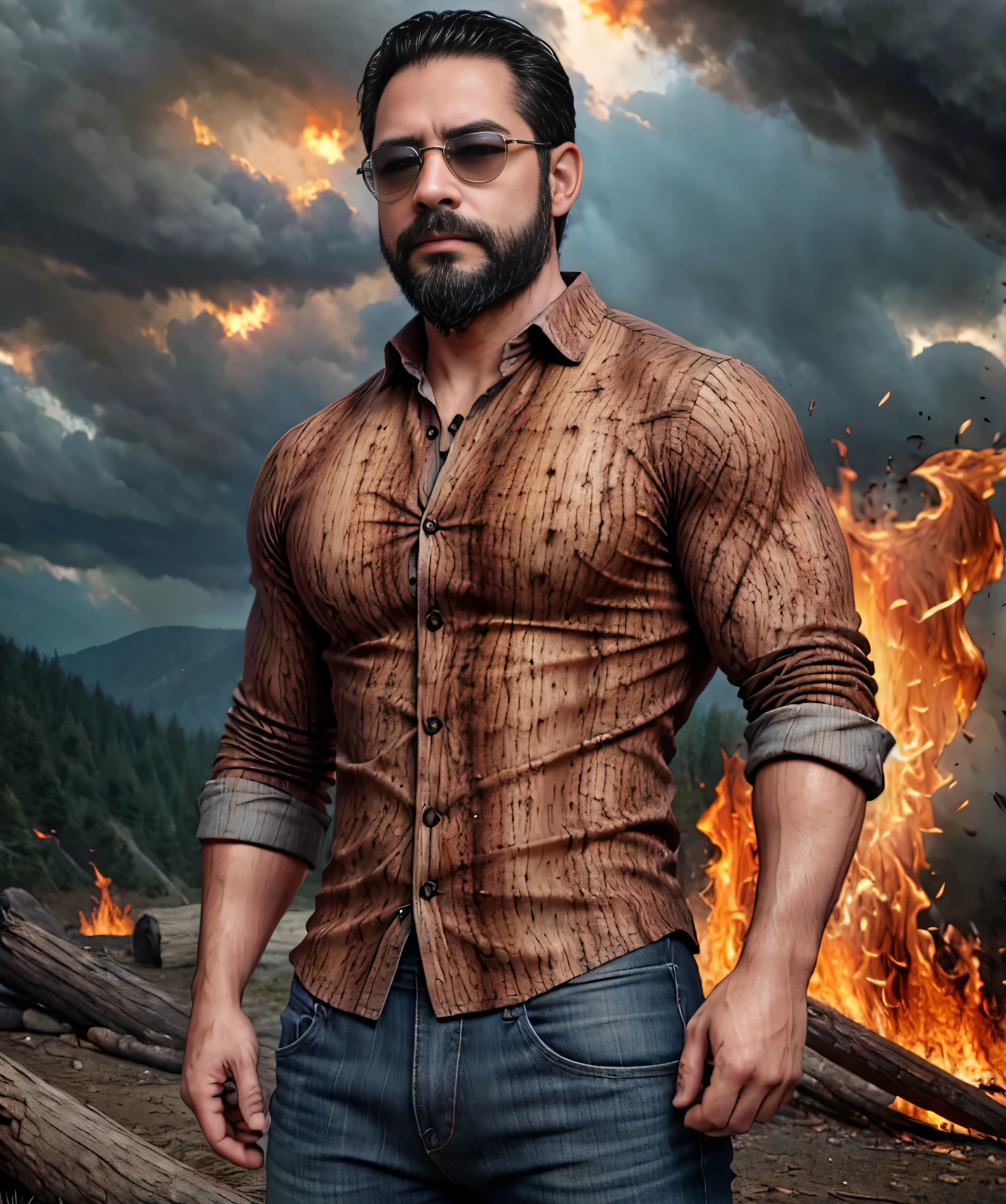 Obra maestra, desenfoque de campo, Parte superior del cuerpo, Hands in pants pockets , 38 year old man with beard and square sunglasses... Man wearing a wooden shirt in an action movie with a fire storm in the background. Camisa de madera.