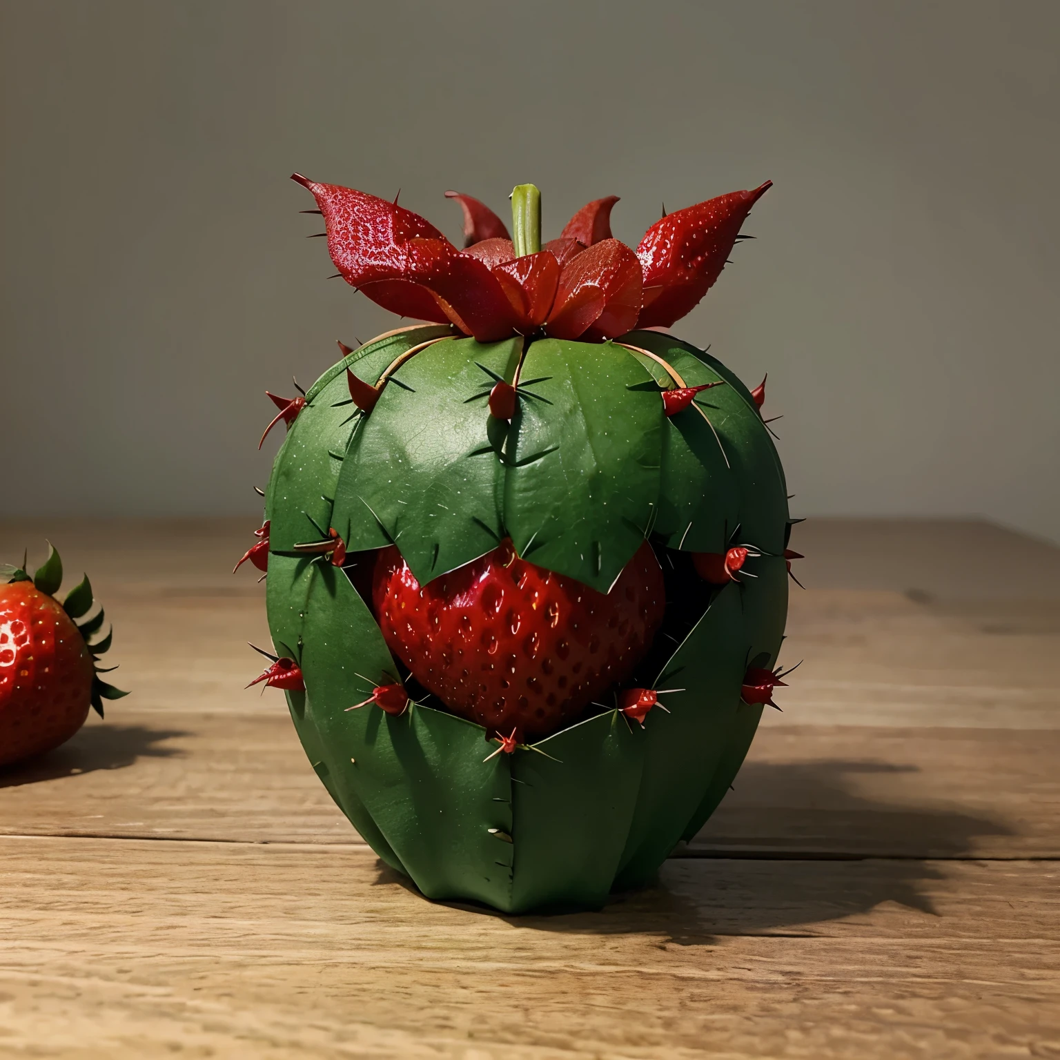 Create a 2D design of a blood devil fruit based on a bright red strawberry with small green thorns