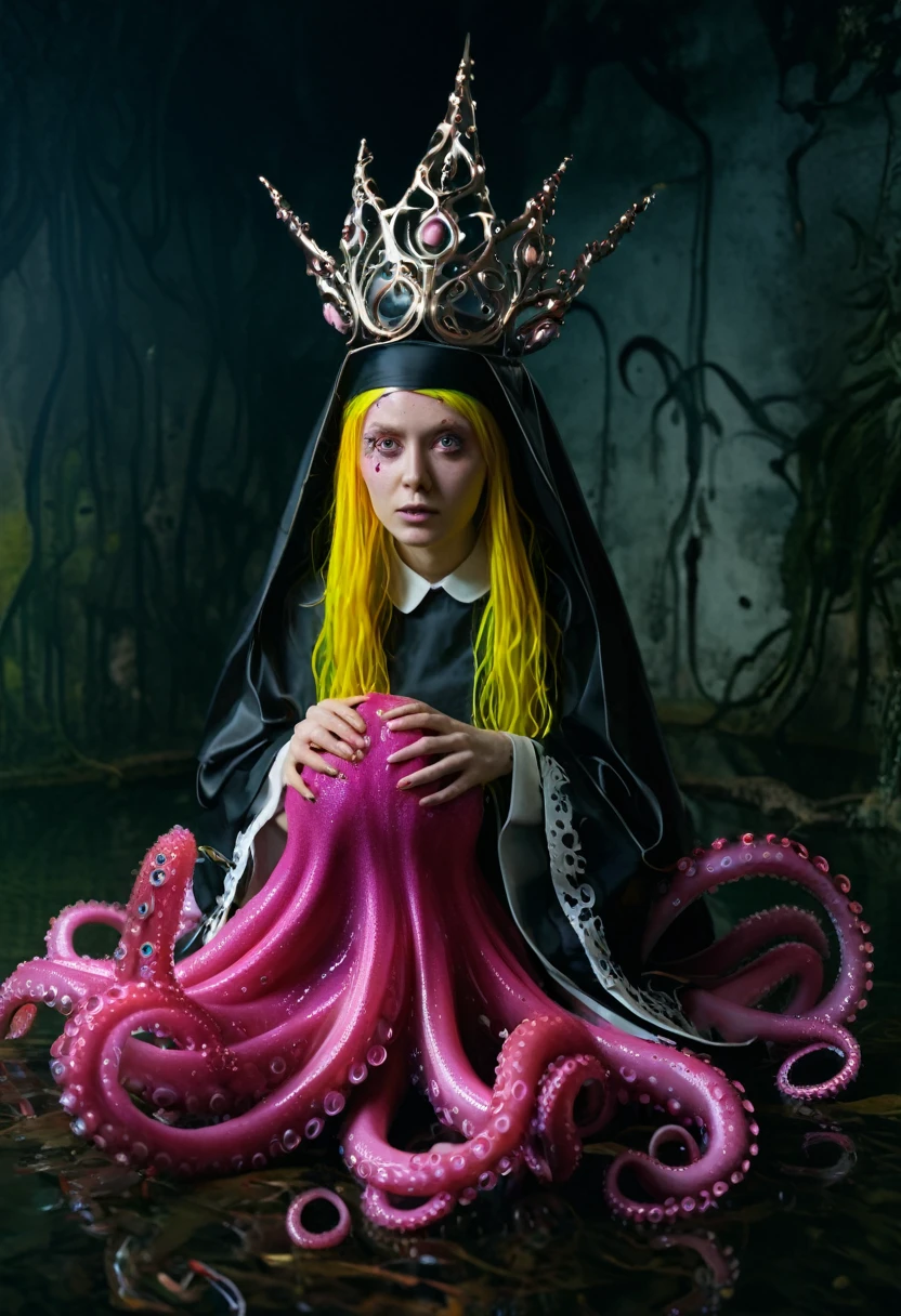 8K, ARTISTIC photogrAphy, best quAlity, mAsterpiece: 1.2), A (potrAit:1.2) witch BLOOD Toon Doll Cthulhu nun QUEEN, EYES, PINK many octopus style tentacles, full body RAW candid cinema, yellow hair, 16mm, color graded portra 400 film, remarkable color, ultra realistic, sad admosphere, dark lighting, oppressive atmosphere, depressive colors, kodak portra 400, photograph,r, Natural Light, Pinhead lighgts, blur reflection, Brush Strokes, Smooth, abstract, Splatter, Oil On Canvas, rainbow colors, fractal isometrics details bioluminescens : a stunning realistic photograph of wet bone structure, 3d render, octane render, intricately detailed, titanium decorative headdress, cinematic, trending on artstation | Isometric | Centered