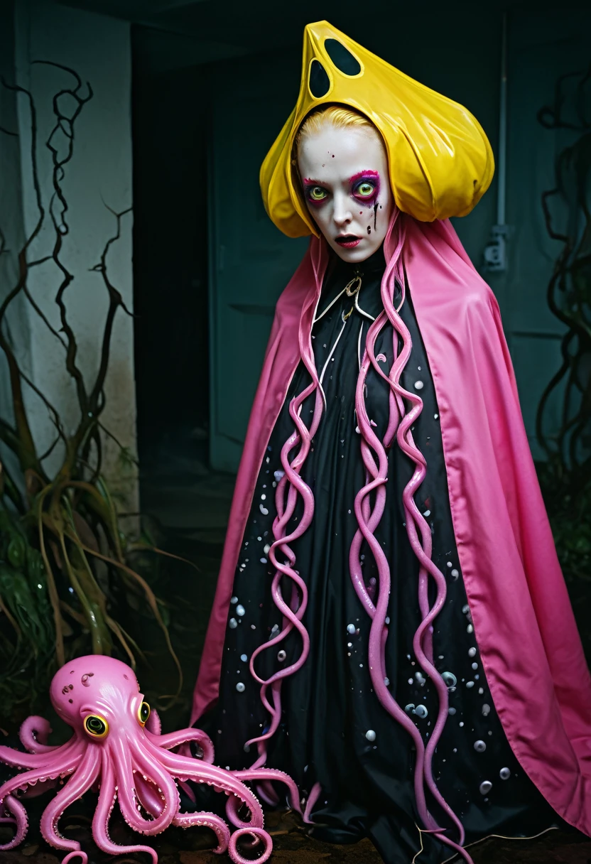 8K, ARTISTIC photogrAphy, best quAlity, mAsterpiece: 1.2), A (potrAit:1.2)  witch BLOOD Toon Doll Cthulhu nun QUEEN, EYES, PINK many octopus style tentacles, full body RAW candid cinema, yellow hair, 16mm, color graded portra 400 film, remarkable color, ultra realistic, sad admosphere, dark lighting, oppressive atmosphere, depressive colors, kodak portra 400, photograph,r, Natural Light, Pinhead lighgts, blur reflection, Brush Strokes, Smooth, abstract, Splatter, Oil On Canvas, rainbow colors, fractal isometrics details bioluminescens : a stunning realistic photograph of wet bone structure, 3d render, octane render, intricately detailed, titanium decorative headdress, cinematic, trending on artstation | Isometric | Centered