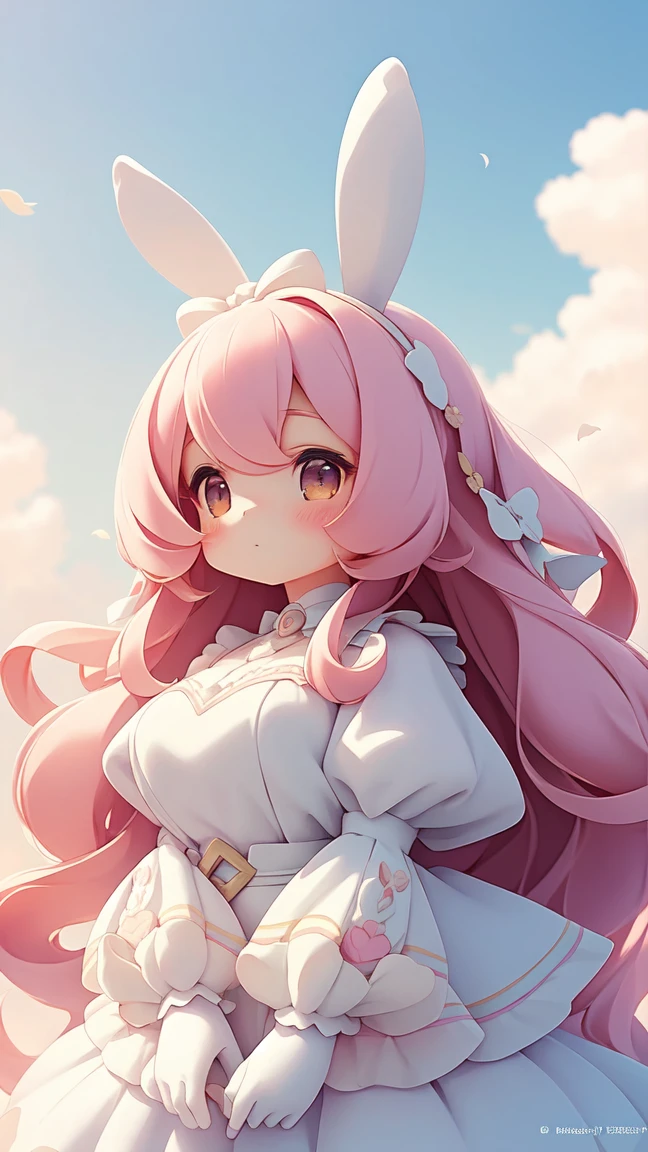 Bunny Morphing Girl, fluffy, soft ((highest quality)), ( Extremely detailed, Best details, Official Art, Beauty and aesthetics: 1.2), Depth of written border, composition, whole body, (a bit), (Beautiful and detailed: 1.3), (wonderful:1), Colorful clouds blurred background,1girl,