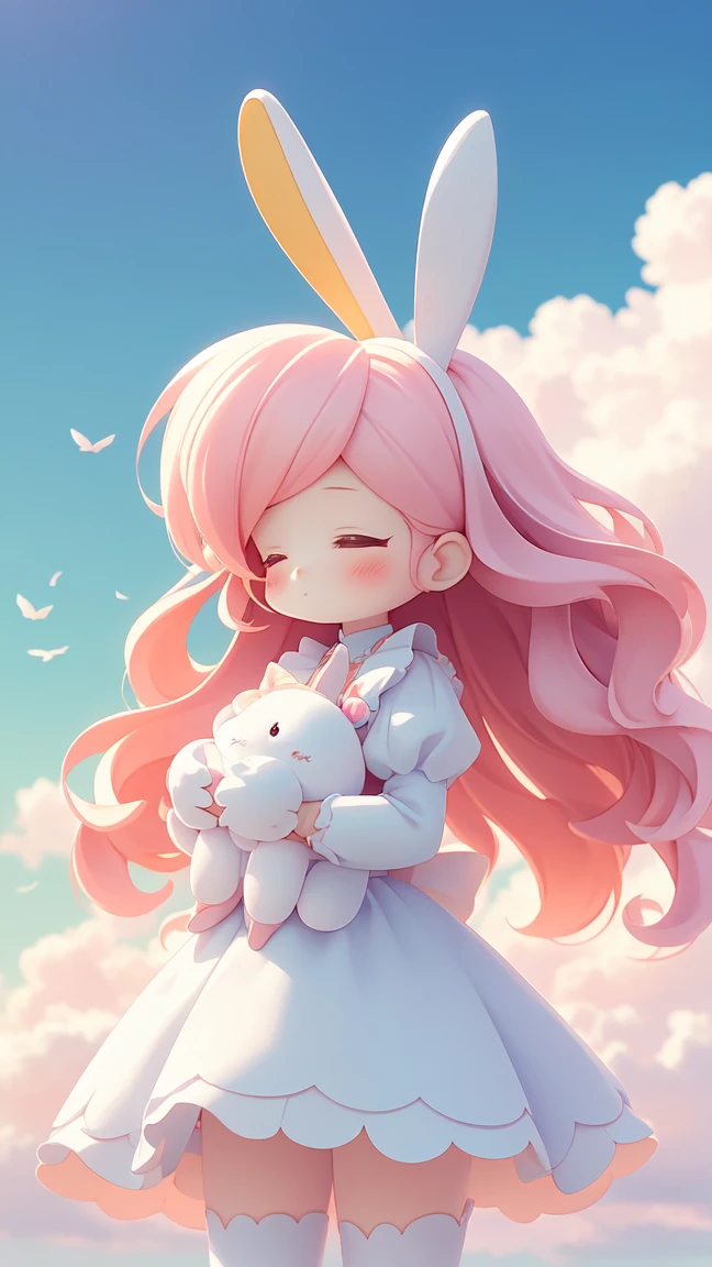 Bunny Morphing Girl, fluffy, soft ((highest quality)), ( Extremely detailed, Best details, Official Art, Beauty and aesthetics: 1.2), Depth of written border, composition, whole body, (a bit), (Beautiful and detailed: 1.3), (wonderful:1), Colorful clouds blurred background,1girl,