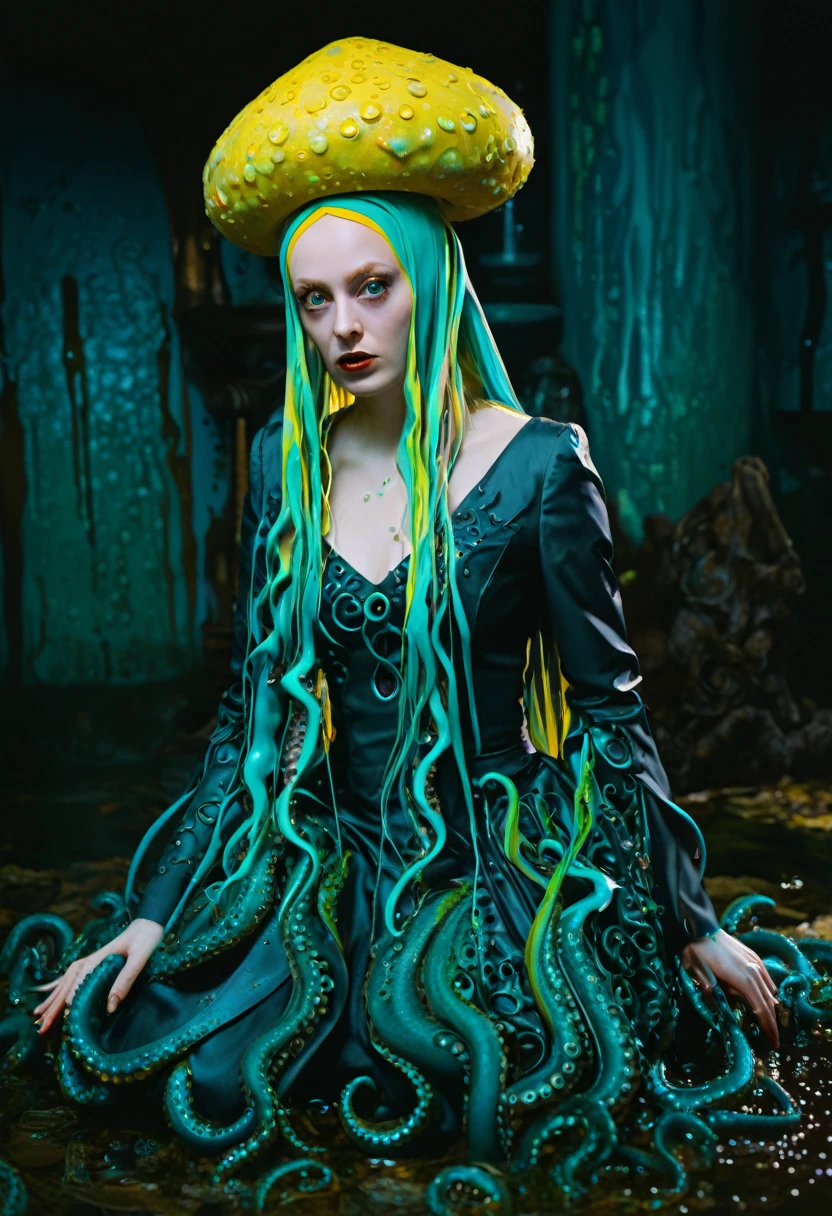 8K, ARTISTIC photogrAphy, best quAlity, mAsterpiece: 1.2), A (potrAit:1.2) witch BLOOD Toon Doll Cthulhu nun QUEEN, EYES, CYAN many octopus style tentacles, full body RAW candid cinema, yellow hair, 16mm, color graded portra 400 film, remarkable color, ultra realistic, sad admosphere, dark lighting, oppressive atmosphere, depressive colors, kodak portra 400, photograph,r, Natural Light, Pinhead lighgts, blur reflection, Brush Strokes, Smooth, abstract, Splatter, Oil On Canvas, rainbow colors, fractal isometrics details bioluminescens : a stunning realistic photograph of wet bone structure, 3d render, octane render, intricately detailed, titanium decorative headdress, cinematic, trending on artstation | Isometric | Centered