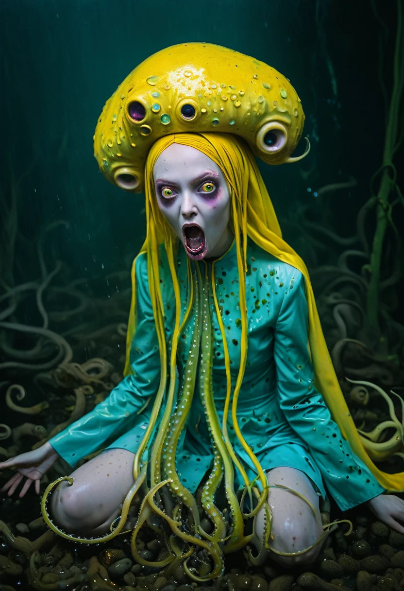8K, ARTISTIC photogrAphy, best quAlity, mAsterpiece: 1.2), A (potrAit:1.2) witch BLOOD Toon Doll Cthulhu nun QUEEN, EYES, CYAN many octopus style tentacles, full body RAW candid cinema, yellow hair, 16mm, color graded portra 400 film, remarkable color, ultra realistic, sad admosphere, dark lighting, oppressive atmosphere, depressive colors, kodak portra 400, photograph,r, Natural Light, Pinhead lighgts, blur reflection, Brush Strokes, Smooth, abstract, Splatter, Oil On Canvas, rainbow colors, fractal isometrics details bioluminescens : a stunning realistic photograph of wet bone structure, 3d render, octane render, intricately detailed, titanium decorative headdress, cinematic, trending on artstation | Isometric | Centered