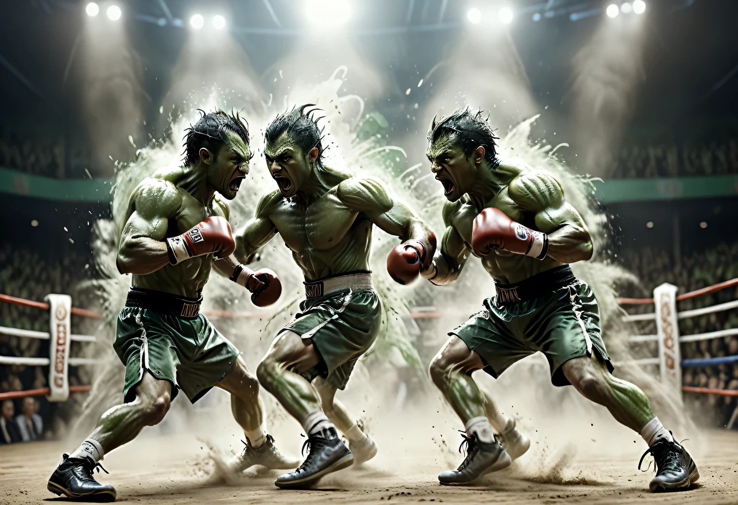 Boxing Match, 2 green goblins in the ring wearing boxing gloves, emotions of anger, sweat, tension, active scene of striking an opponent, athletic physique, movement effect, blurred background from movement, only 2 characters, screaming spectators in the background, high definition, real, detailed, Movie Still, Film Still, Cinematic