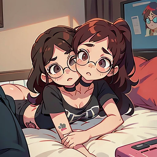 A photo of a two headed 110 pound girl with dark brown hair with a bright red streak in the hair on both heads. She is Italian with a large nose. She has small uneven breasts. Both of her two heads wear glasses. She is wearing black sweatpants and a black tank top. She wears a black choker with the name Kitty on it. She has tattoos on her arms. She is laying on bed alone smoking weed and playing PlayStation and embarrassed about discovering she has herpes.