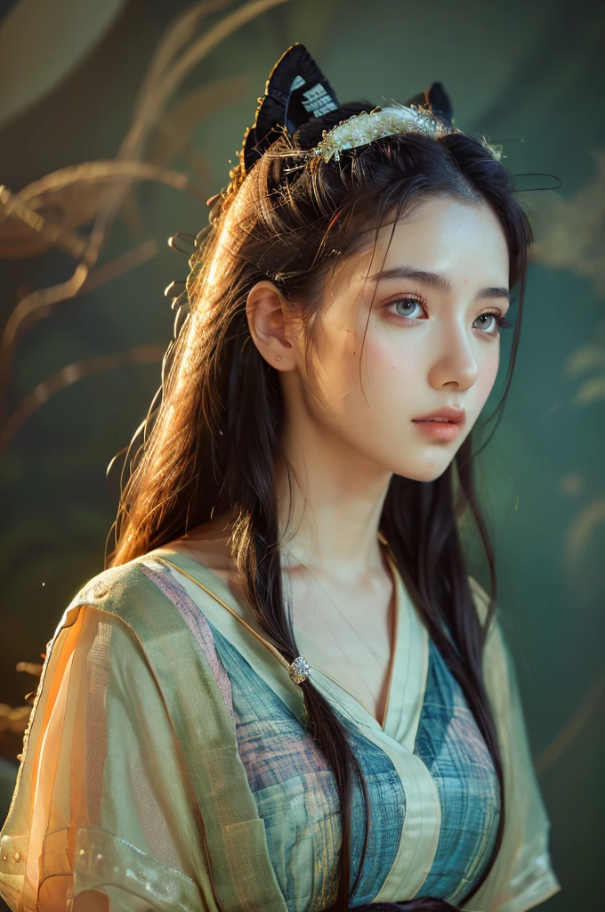 ( masterpiece, top quality, best quality,8k,17 years old girl,ultra detailed,raw photo:1.5),(photorealistic:1.4),(cinematic lighting), PerfectNwsjMajic, , Surrealism, UHD, ccurate, Super detail, textured skin, High detail, Best quality, dynamic angle, (high nose,White skin),[Beautiful blue eyes],(1girl),(good anatomy:0.5)), dunhuang_style, Dreamy atmosphere,expressive brush strokes, mystical ambiance, Artistic interpretation, a whimsical illustration, Subtle colors and tones, straight face,middle part, loose long hair 