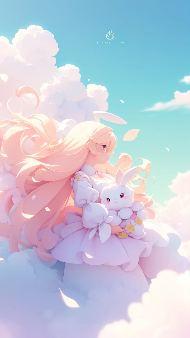Bunny Morphing Girl, fluffy, soft ((highest quality)), ( Extremely detailed, Best details, Official Art, Beauty and aesthetics: 1.2), Depth of written border, composition, whole body, (a bit), (Beautiful and detailed: 1.3), (wonderful:1), Colorful clouds blurred background,1girl,