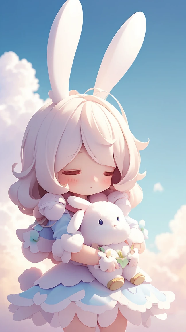 Bunny Morphing Girl, fluffy, soft ((highest quality)), ( Extremely detailed, Best details, Official Art, Beauty and aesthetics: 1.2), Depth of written border, composition, whole body, (a bit), (Beautiful and detailed: 1.3), (wonderful:1), Colorful clouds blurred background,1girl,