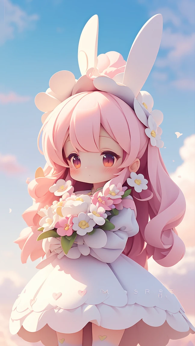 Bunny Morphing Girl, fluffy, soft ((highest quality)), ( Extremely detailed, Best details, Official Art, Beauty and aesthetics: 1.2), Depth of written border, composition, whole body, (a bit), (Beautiful and detailed: 1.3), (wonderful:1), Colorful clouds blurred background,1girl,