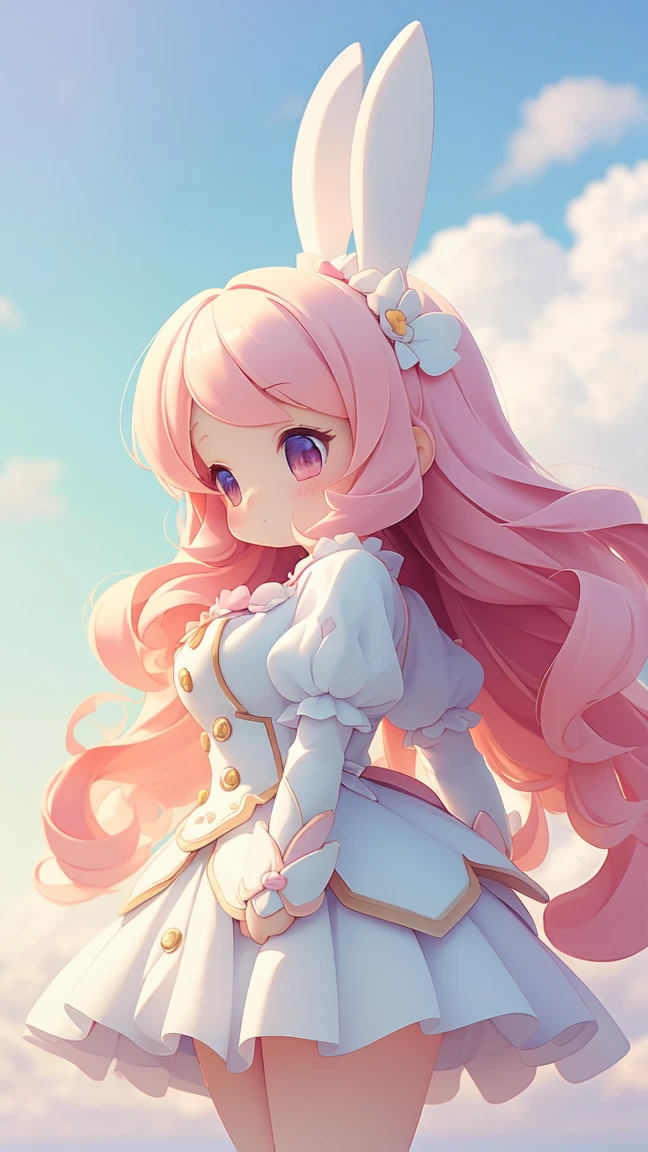 Bunny Morphing Girl, fluffy, soft ((highest quality)), ( Extremely detailed, Best details, Official Art, Beauty and aesthetics: 1.2), Depth of written border, composition, whole body, (a bit), (Beautiful and detailed: 1.3), (wonderful:1), Colorful clouds blurred background,1girl,