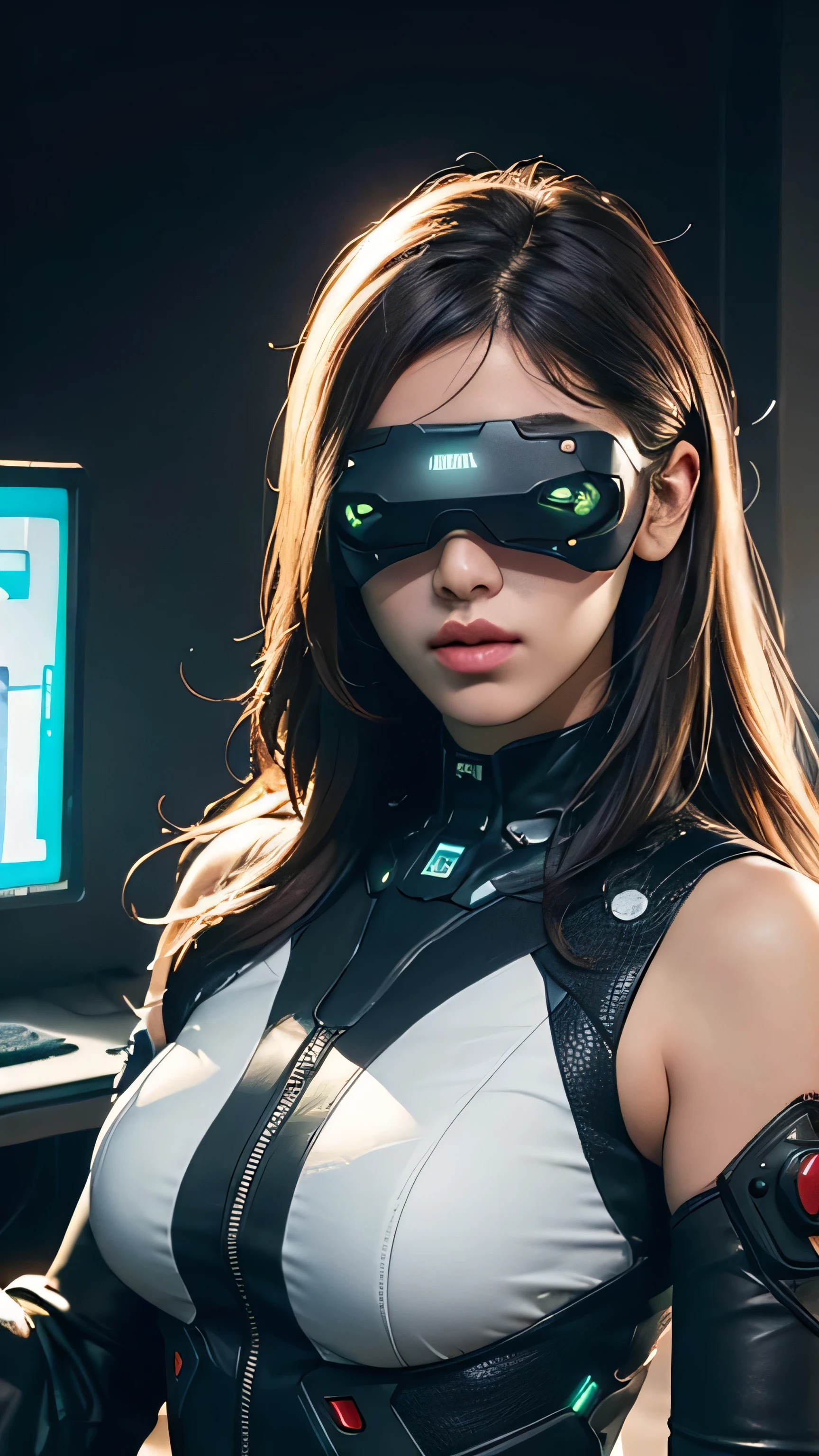 ((best quality)), ((masterpiece)), (Very detailed:1.3), 3D, fair (Cyberpunk:1.3) Bushy-haired female hacker operating a computer terminal,Head-mounted display, Computer Servers, LCD screen, optic fibre cable, Corporate logo,HDR (High Dynamic Range),Ray Tracing,NVIDIA RTX,Super Resolution,Unreal 5,Subsurface scattering,PBR textures,Post-Processing,Anisotropic filtering,Depth of Field,Maximum clarity and sharpness,Multi-layered textures,Albedo and highlight maps,Surface Shading,Accurate simulation of the interaction between light and material,Perfect proportion,Octane Rendering,Two-color lighting,Low ISO,White Balance,Rule of Thirds,Large aperture,8K Native,High-efficiency sub-pixel,Sub-pixel convolution,Glowing particles,