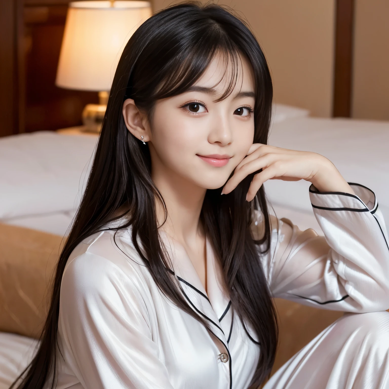 Best-quality, Masterpiece, Ultra-High-Resolution, (Photorealistic:1.4), Raw-Photo, 1girl, 18-years-old, the most famous Japanese idol, at luxury-hotel-suits, dynamic-pose, (((wearing only gorgeous pajamas))), ((extremely cute face like the most popular Japanese idol, ((extremely cute and extremely big black-eyes)), extremely beautiful hair, extremely cute lips, extremely beautiful skins)), innocent-smile, detailed luxury-hotel-suits, detailed gorgeous-evening-dress