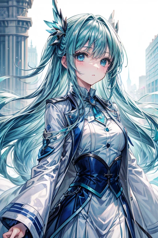 (masterpiece, best quality, perfect face, expressive eyes), 1girl, (anime), aqua eyes, aqua hair, blue noble clothing, white coat, blue vest, blue jewelry,