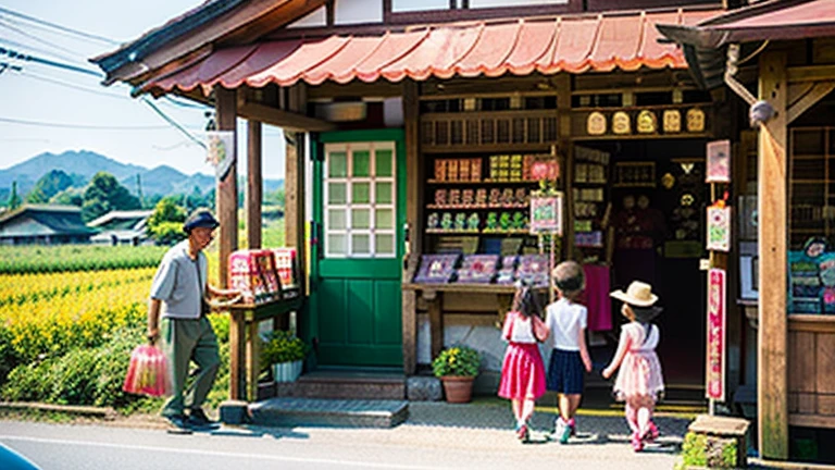 Children and an old woman shopping at a small candy store in the countryside、A small sweet shop in the Japanese countryside、