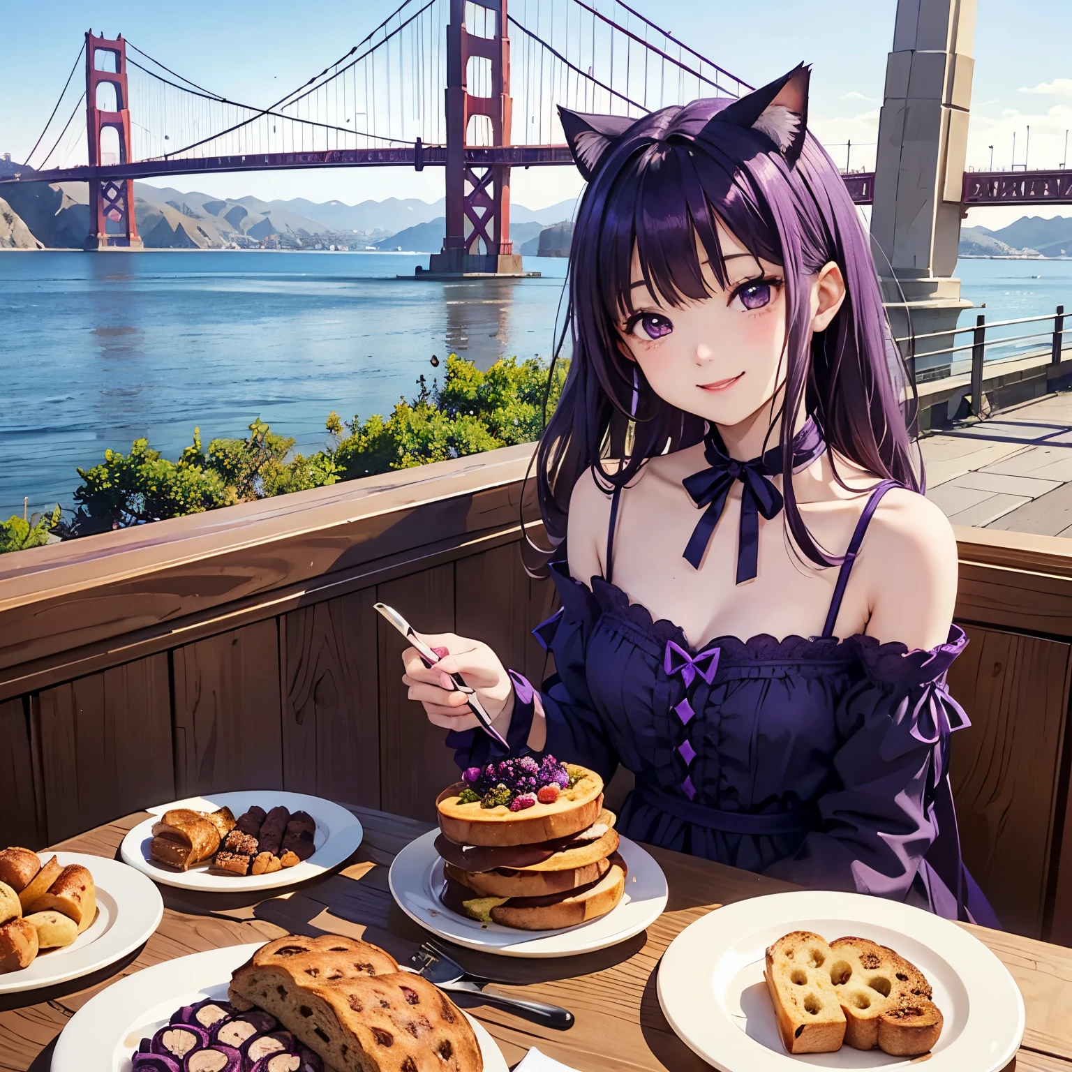 smile、Looks happy、Cat with a deep purple ribbon、Dark purple hair、Deep purple eyes、Dark purple clothes、Eat raisin bread、Grape、Cafe、Background Golden Gate Bridge、leaf、California