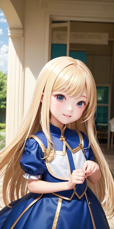 highest quality、masterpiece、Blonde、Aimee、Blue clothes、Respect、Upper body、Fair skin、Long-haired、Laughter、Cute clothes、courtyard、　(Are you okay、Clear images、Super Resolution、Very surprising details、Amazing details)