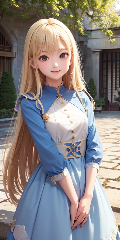 highest quality、masterpiece、Blonde、Aimee、Blue clothes、Respect、Upper body、Fair skin、Long-haired、Laughter、Cute clothes、courtyard、 (Are you okay、Clear images、Super Resolution、Very surprising details、Amazing details)