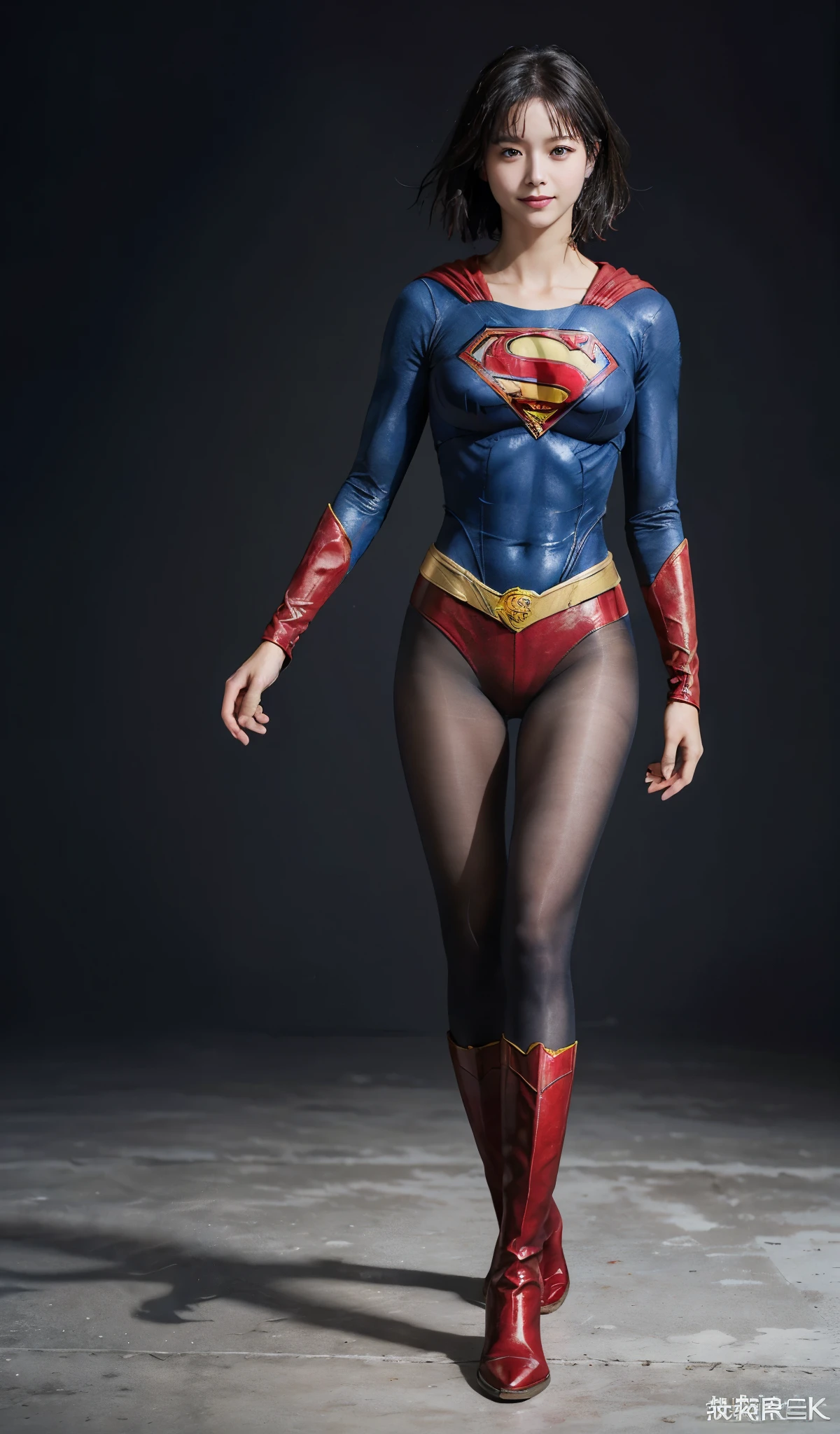 No background、(((Beautiful legs in black tights.)))、(((Legally express the beauty of your smile)))、((((Make the most of your original images)))、(((Supergirl Costume)))、(((Beautiful short bob hair)))、(((suffering)))、(((Please wear black tights....、Wear red boots)))、((Best image quality、8k))、((highest quality、8k、masterpiece:1.3))、(((Preserve background )))、Sharp focus:1.2、Beautiful woman with perfect figure:1.4、Slim Abs:1.2、Wet body:1.5、Highly detailed face and skin texture、8k