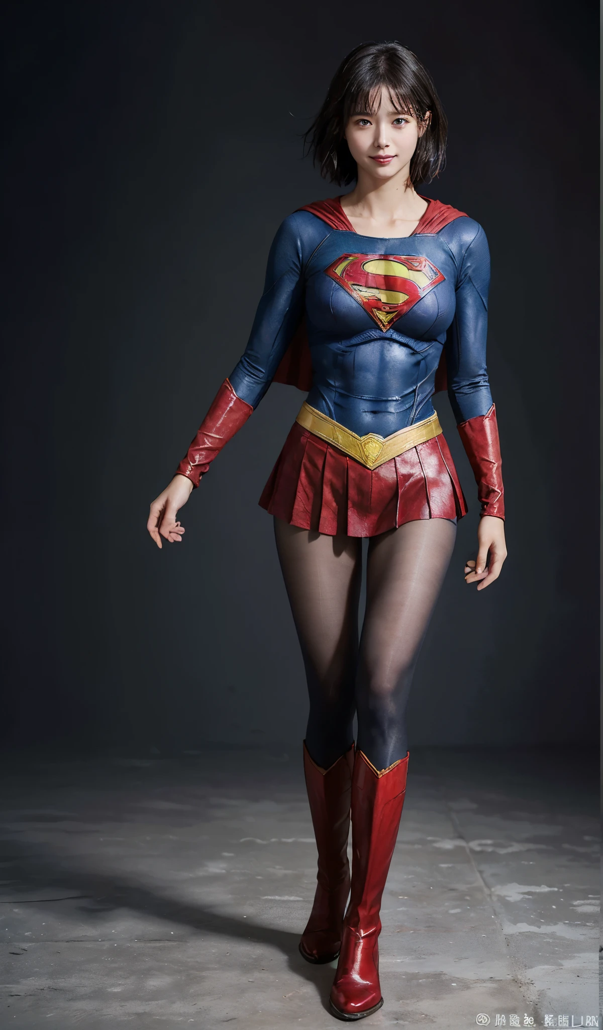 No background、(((Beautiful legs in black tights.)))、(((Legally express the beauty of your smile)))、((((Make the most of your original images)))、(((Supergirl Costume)))、(((Beautiful short bob hair)))、(((suffering)))、(((Please wear black tights....、Wear red boots)))、((Best image quality、8k))、((highest quality、8k、masterpiece:1.3))、(((Preserve background )))、Sharp focus:1.2、Beautiful woman with perfect figure:1.4、Slim Abs:1.2、Wet body:1.5、Highly detailed face and skin texture、8k