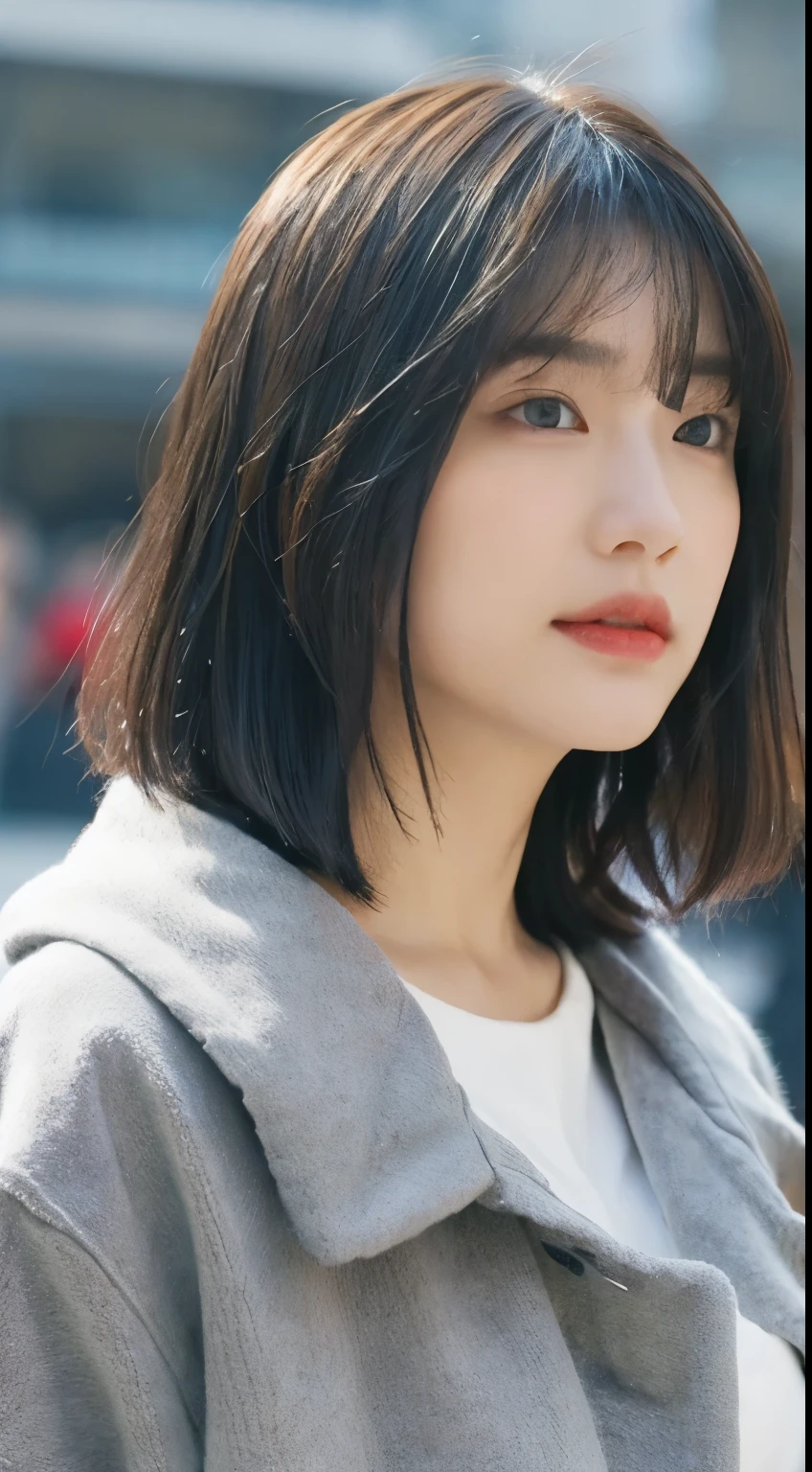 (8k、highest quality、masterpiece:1.2)、One woman、(Realistic、Realistic:1.9)、(Laughter:0.2)、Medium chest、Beautiful and detailed eyes、(solo:1.8)、(Looking at the audience:1.3)、Hair on wet hair、A woman wearing a white top and a grey jacket, picture, Short hair,Light bangs、 Chin-length hair, HeadshotProfile picture, Bob Cut Hair, French Bob Hair, Black bob hair