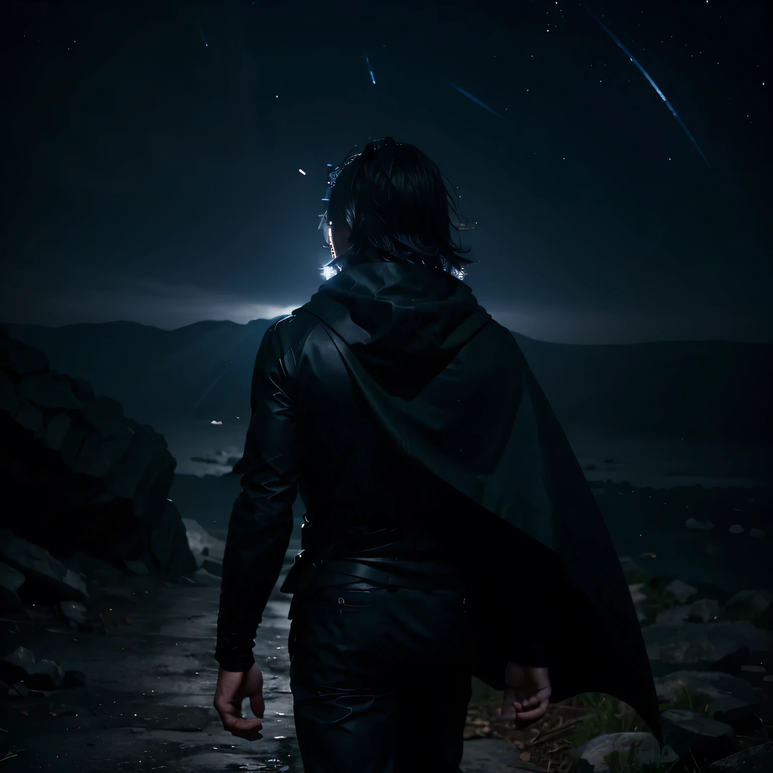 A anime man walking out of a cave wearing a black cape it looks like the night sky is imprinted on the cape the man has a dark blue aura surrounding him