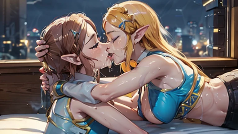 Masterpiece, stunning realistic, movie sex scene, best quality, Sharpness, 2 girls, princess zelda, lying on top of each other, kissing in bed, large breasts,, tongue kiss, closed eyes,full body (2girls, Zelda), short tight dress, sleeveless, cityscape, heavy rain,storm, dusk,dawn, twilight,sunset, full body, soaking wet, sensual body, closed eyes, (silhouette:1.2), wet ground, full scale portrait, total body, both faces kissing in frame