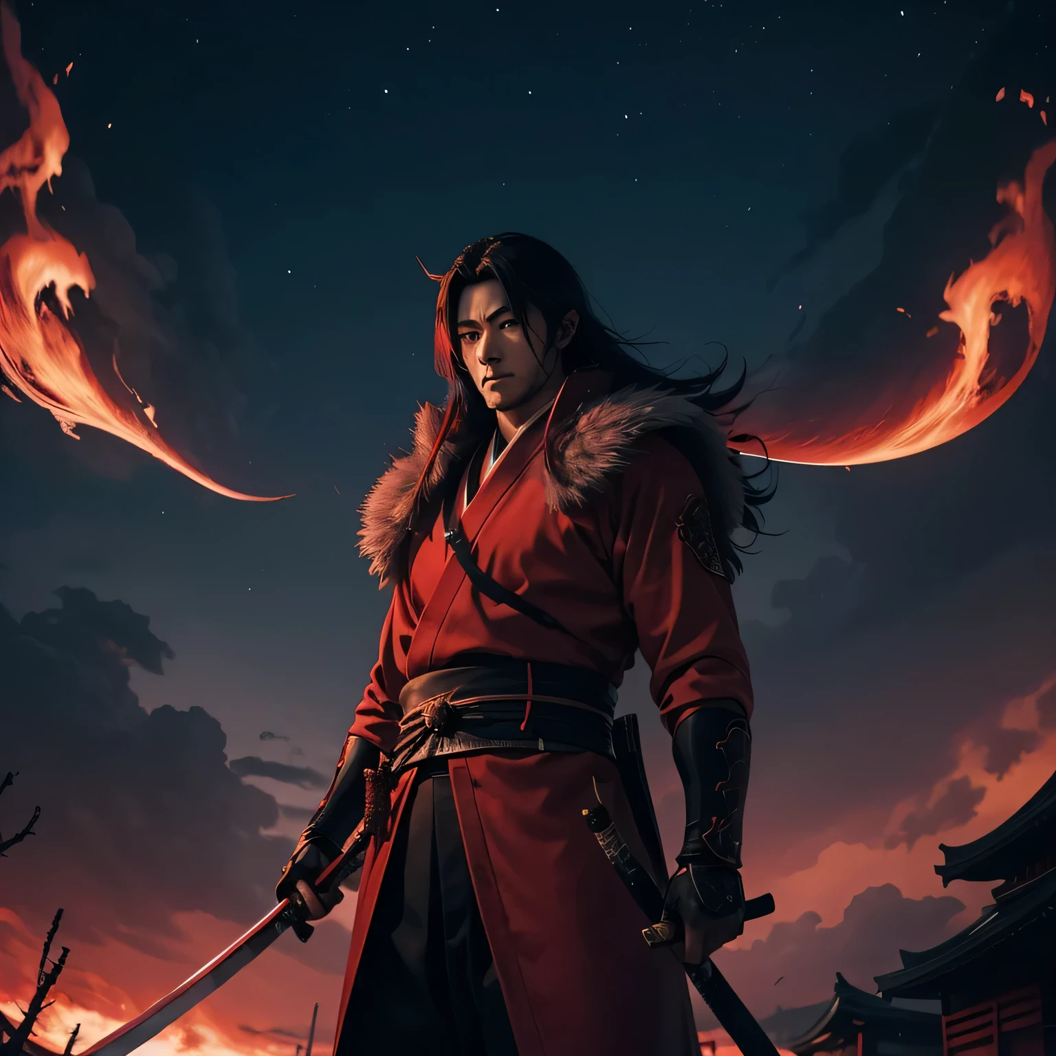 An holding a long red Japanese katana fire coming out of katana has long red fire-like hairs he is walking above the corpses of dozens wolf-demons night sky blood red man has blue emotionless eyes man is looking at the sky Japanese anime style 4k ultra HD