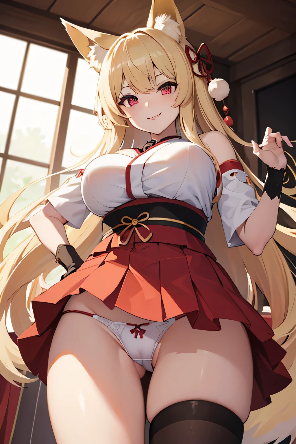 Masterpiece、Big Breasts、Underboob、Fox ears、Long blonde、Red Eye、mini skirt、Panty shot、smile、Japanese-style room、Angle from below