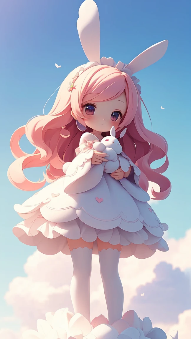 Bunny Morphing Girl, fluffy, soft ((highest quality)), ( Extremely detailed, Best details, Official Art, Beauty and aesthetics: 1.2), Depth of written border, composition, whole body, (a bit), (Beautiful and detailed: 1.3), (wonderful:1), Colorful clouds blurred background,1girl,