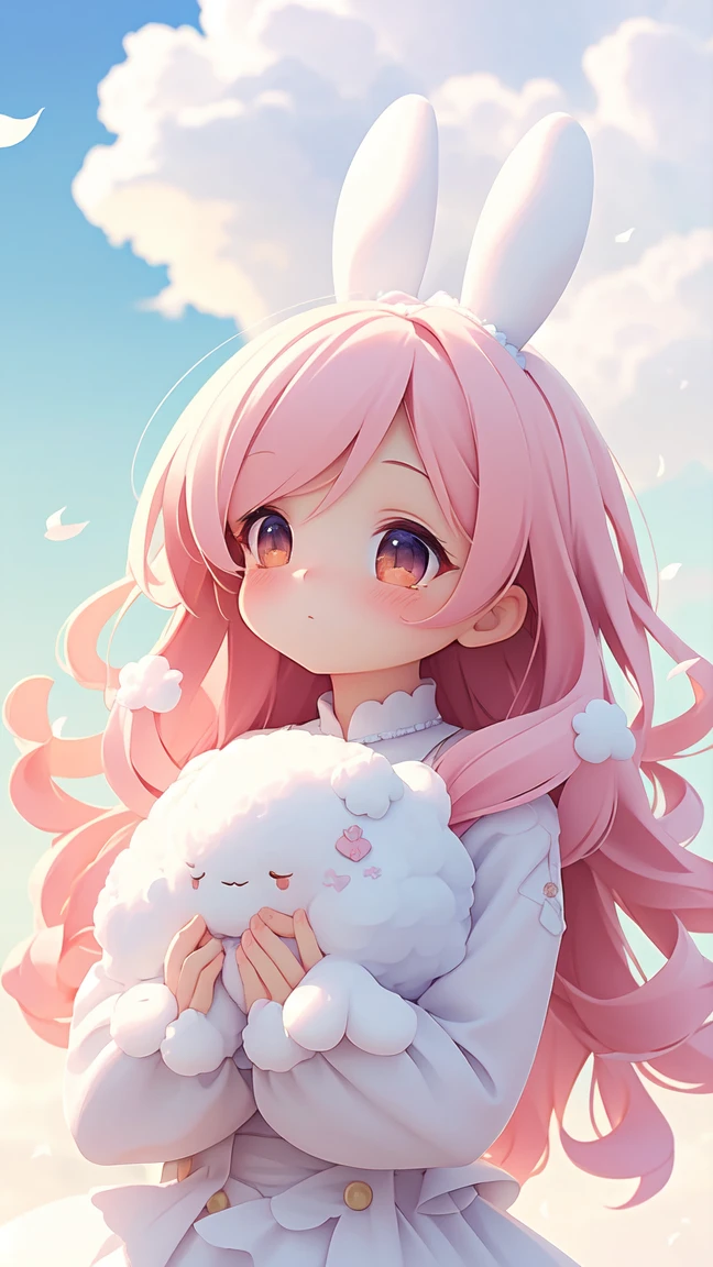 Bunny Morphing Girl, fluffy, soft ((highest quality)), ( Extremely detailed, Best details, Official Art, Beauty and aesthetics: 1.2), Depth of written border, composition, whole body, (a bit), (Beautiful and detailed: 1.3), (wonderful:1), Colorful clouds blurred background,1girl,