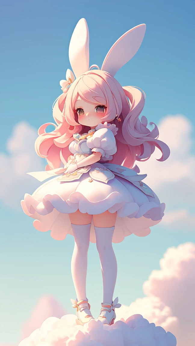 Bunny Morphing Girl, fluffy, soft ((highest quality)), ( Extremely detailed, Best details, Official Art, Beauty and aesthetics: 1.2), Depth of written border, composition, whole body, (a bit), (Beautiful and detailed: 1.3), (wonderful:1), Colorful clouds blurred background,1girl,