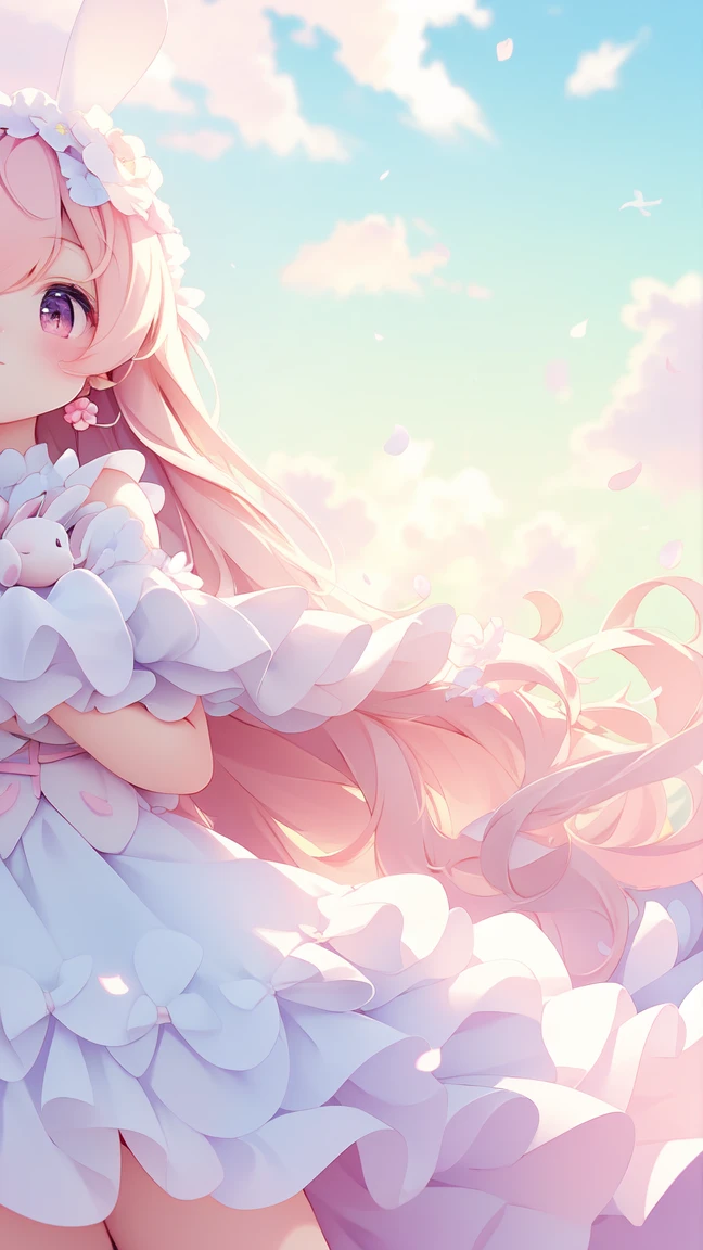 Bunny Morphing Girl, fluffy, soft ((highest quality)), ( Extremely detailed, Best details, Official Art, Beauty and aesthetics: 1.2), Depth of written border, composition, whole body, (a bit), (Beautiful and detailed: 1.3), (wonderful:1), Colorful clouds blurred background,1girl,
