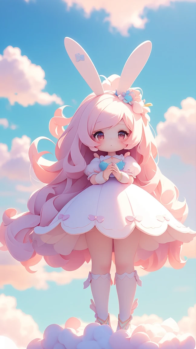 Bunny Morphing Girl, fluffy, soft ((highest quality)), ( Extremely detailed, Best details, Official Art, Beauty and aesthetics: 1.2), Depth of written border, composition, whole body, (a bit), (Beautiful and detailed: 1.3), (wonderful:1), Colorful clouds blurred background,1girl,